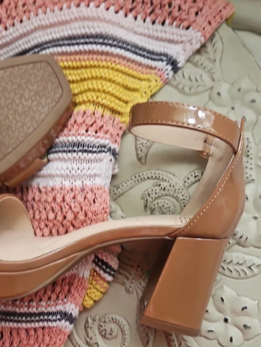 Jones New York Patent Nude Block Heel Sandals with Ankle Strap